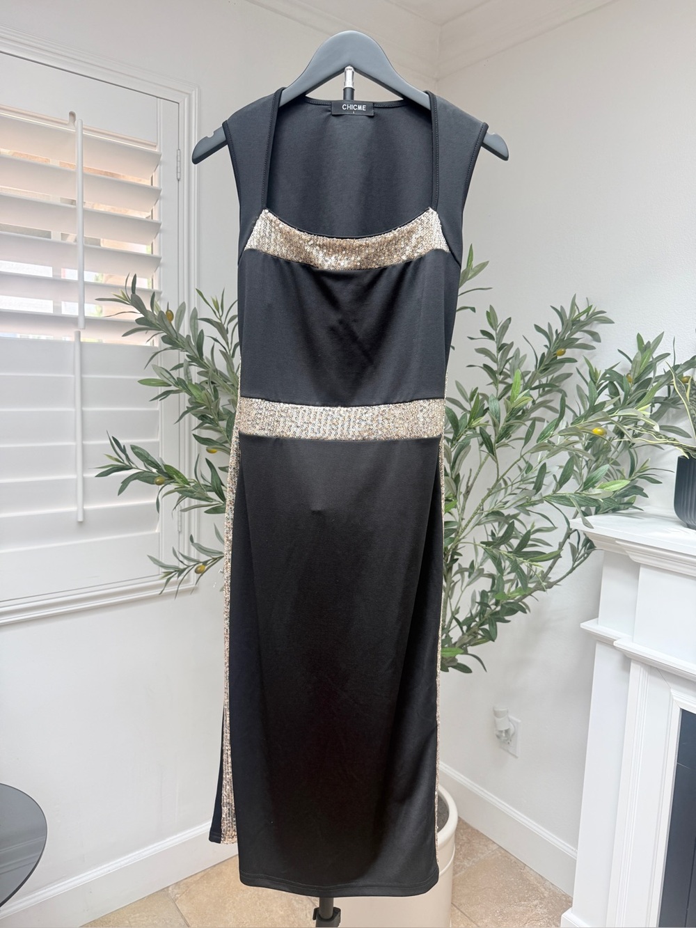 chic Black Midi Dress with Gold Sequin Bands